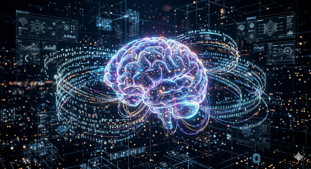 Futuristic digital brain processing holographic text representing a Large Language Model