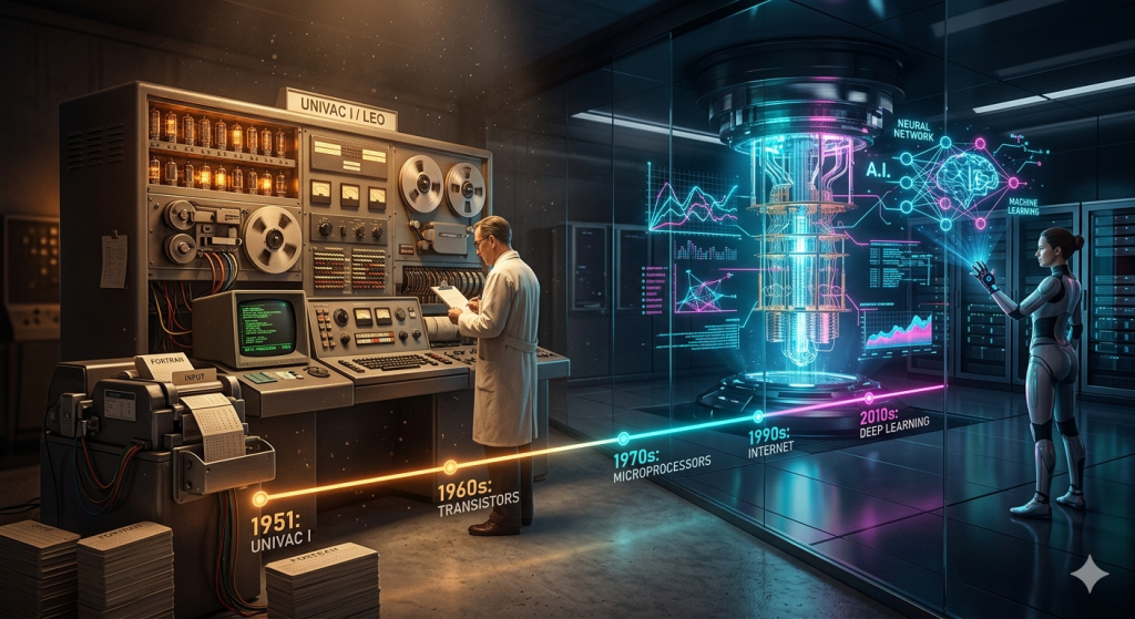 Evolution from vintage 1950s computers to modern futuristic AI neural networks