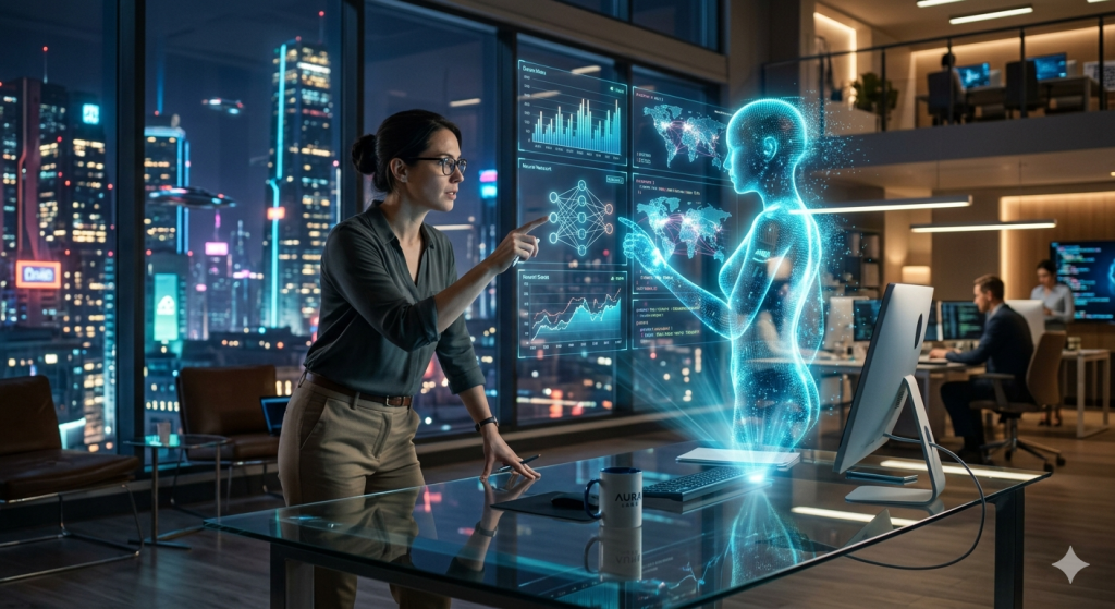 Human developer collaborating with a holographic AI assistant in a modern workspace