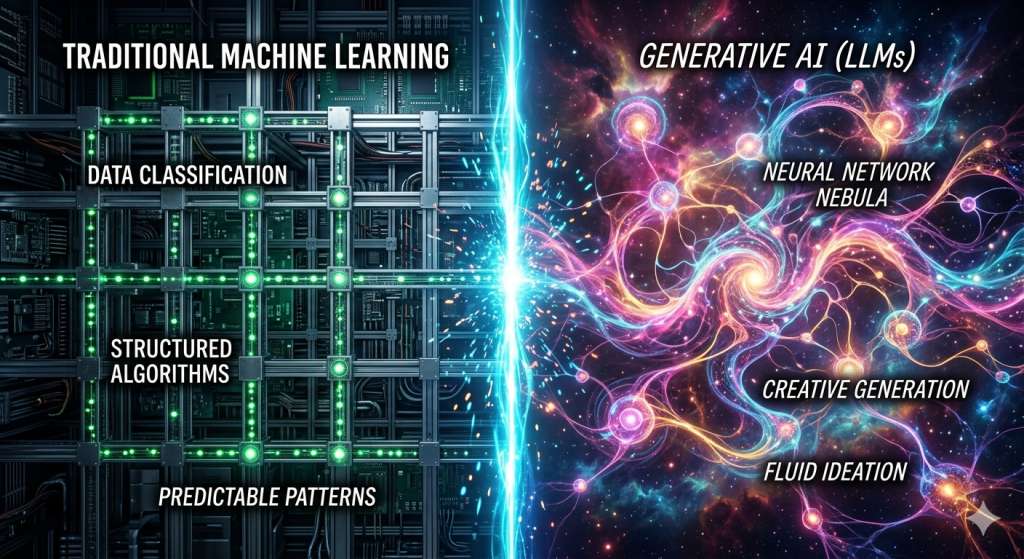 Split screen comparing rigid traditional machine learning grids with fluid generative AI neural networks