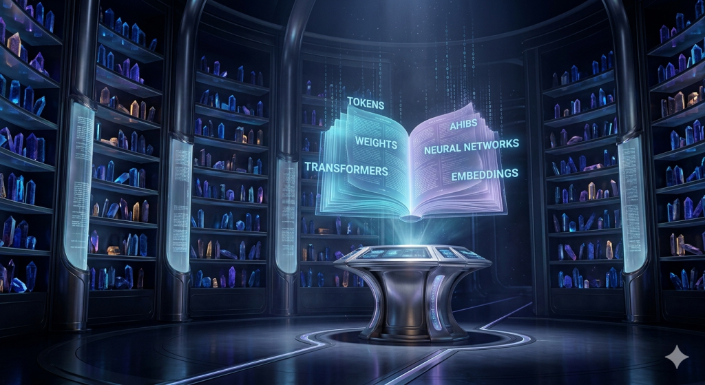 Futuristic digital library with a glowing holographic dictionary of AI terms