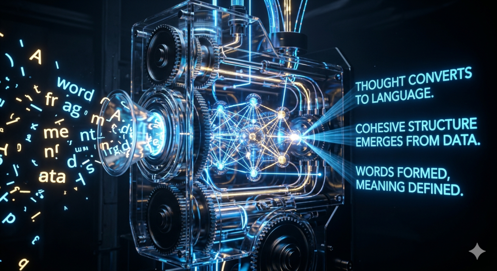 Futuristic machine processing scattered letters into glowing, cohesive sentences