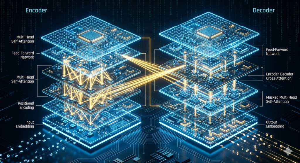 Glowing multi-layered digital grid representing AI transformer architecture and self-attention