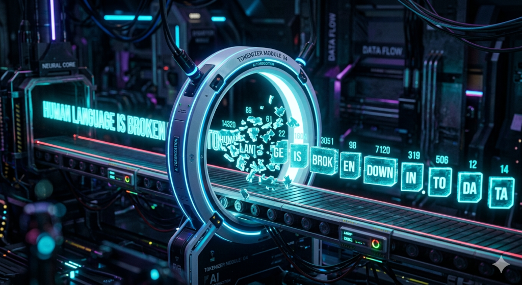 Glowing sentence being broken into digital puzzle pieces on a futuristic conveyor belt