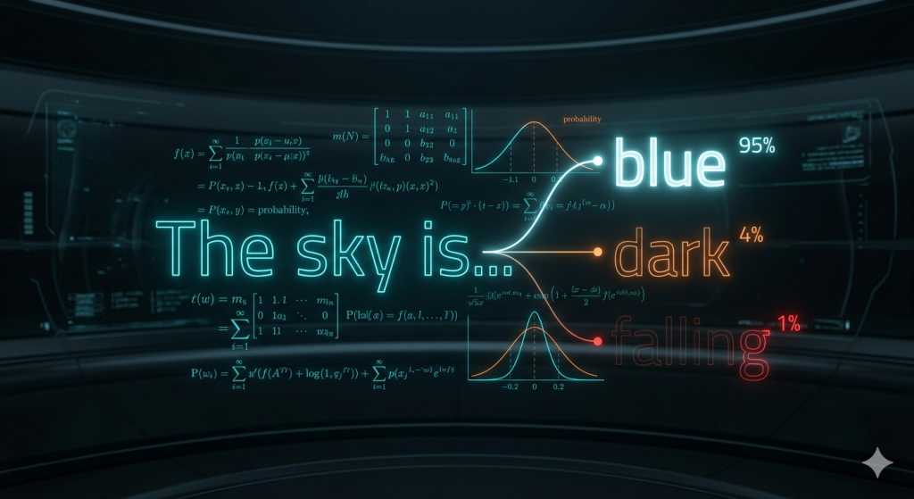 Futuristic UI displaying probability pathways for predicting the next word in a sentence