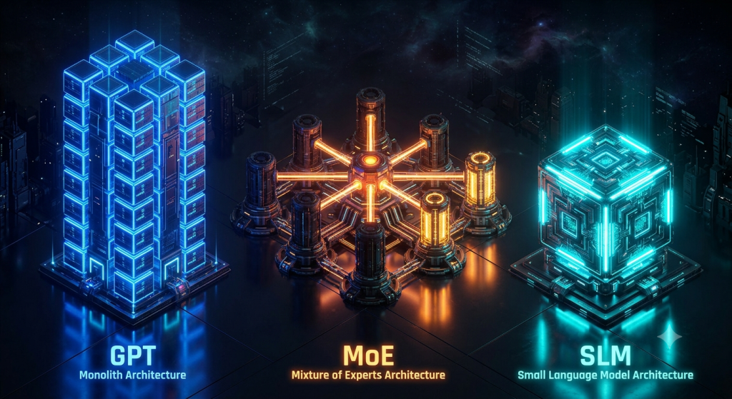 Three distinct futuristic architectural structures representing different AI model designs