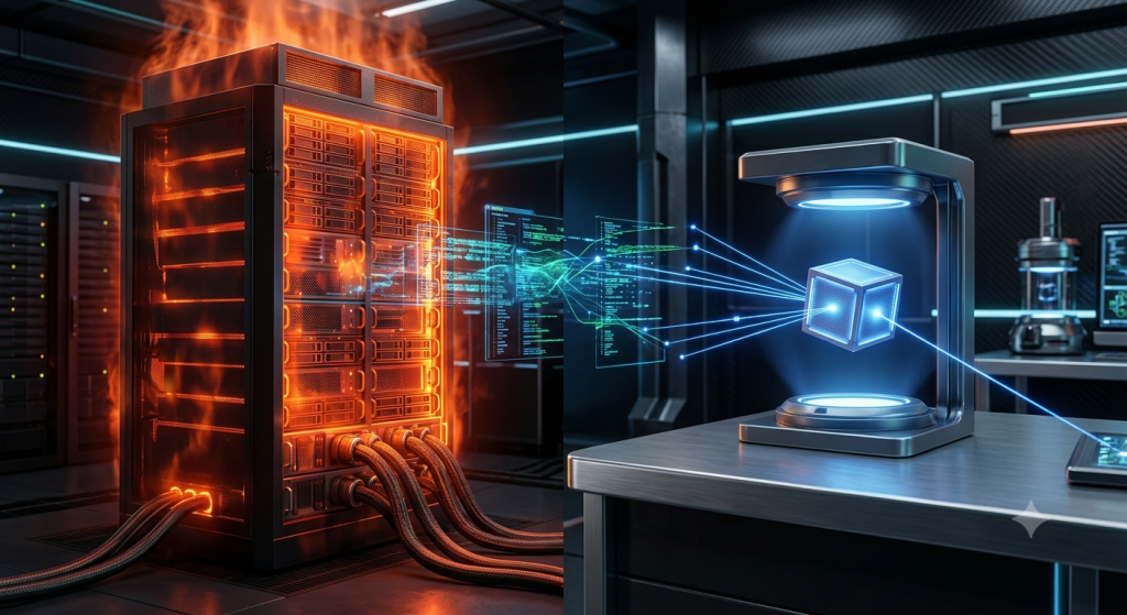 Massive server rack compared to a compact, glowing floating micro-cube processing data