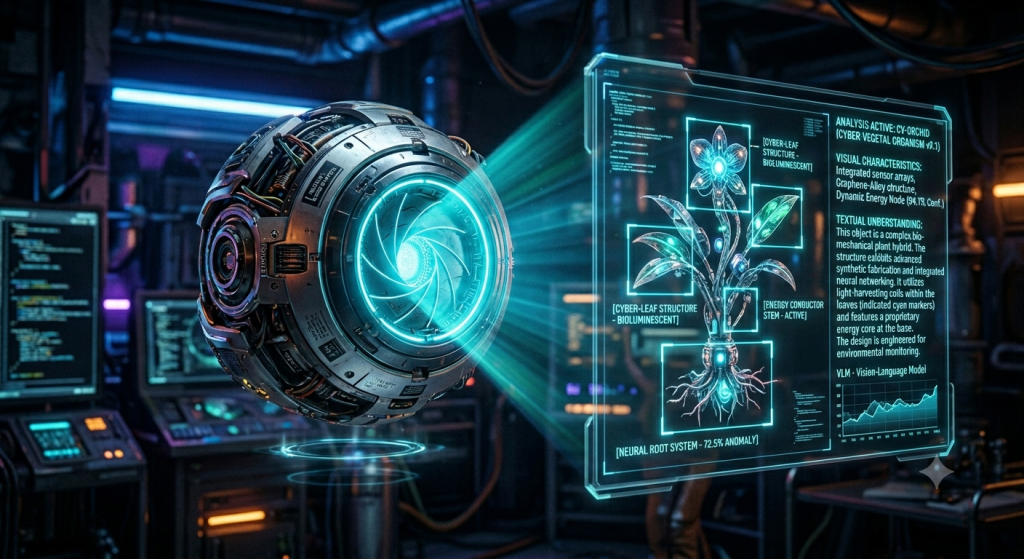 Cybernetic bionic eye analyzing a holographic object and generating text descriptions