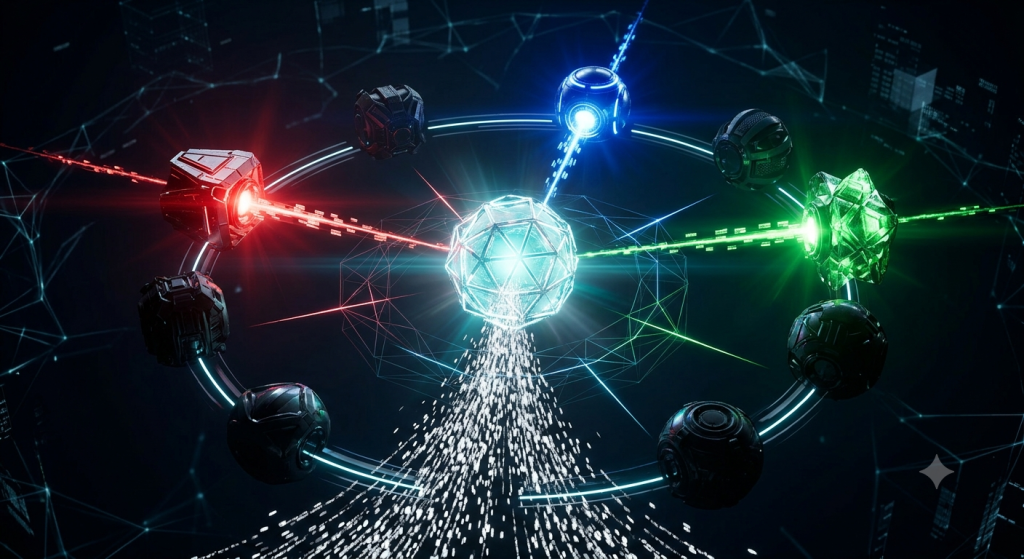 Central glowing orb routing specific data streams to specialized, individual processing pods