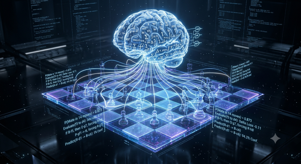 Digital brain tracing complex, multi-step mathematical pathways over a holographic chessboard