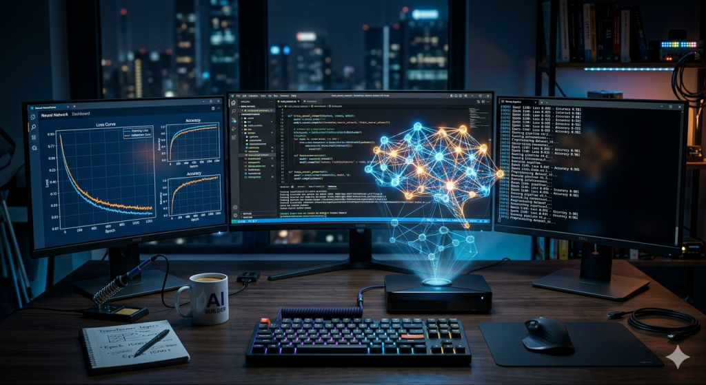 Developer workstation with code screens and a holographic neural network being built