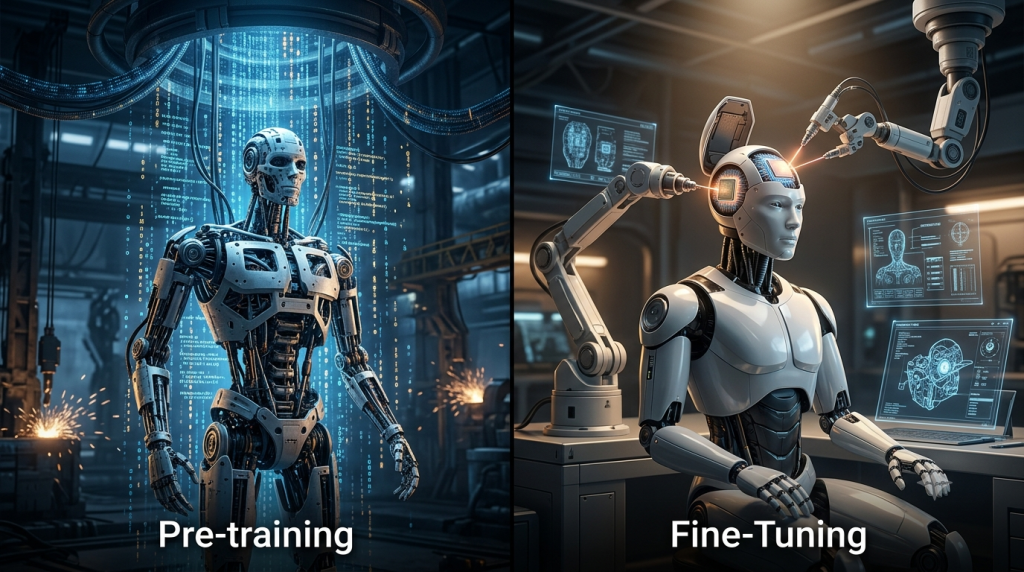 Split view showing massive data ingestion versus precise robotic tool adjustments