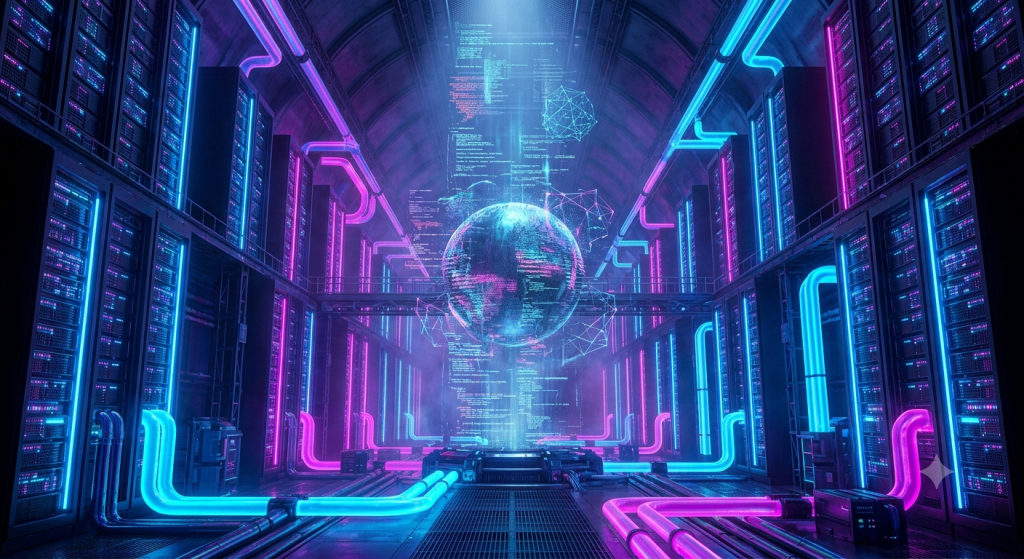 Endless futuristic server farm with a massive glowing holographic data sphere in the center