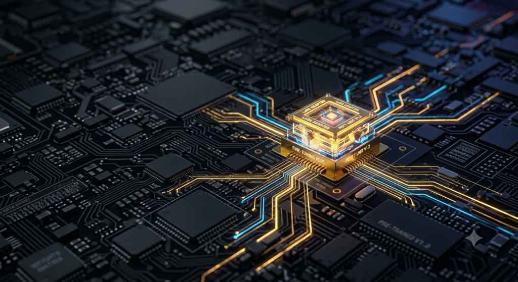 Small glowing golden micro-module plugged into a massive, dim futuristic circuit board