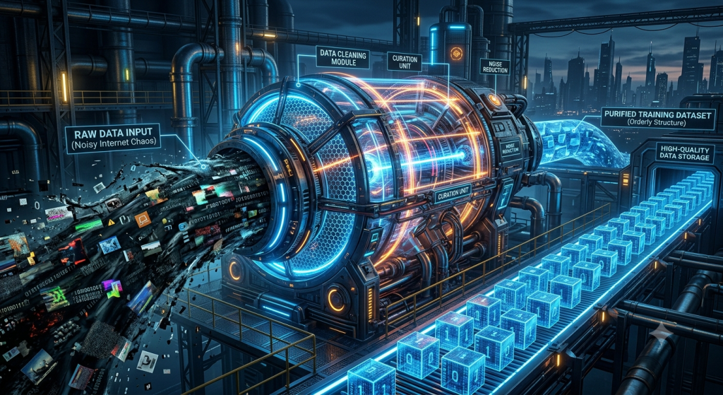 Futuristic filtration machine purifying a chaotic stream of raw data into clean geometric cubes