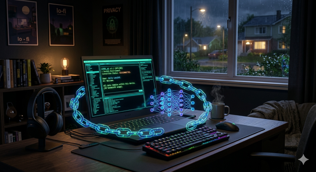 Powerful laptop in a dark room running a local, glowing AI neural network entirely offline