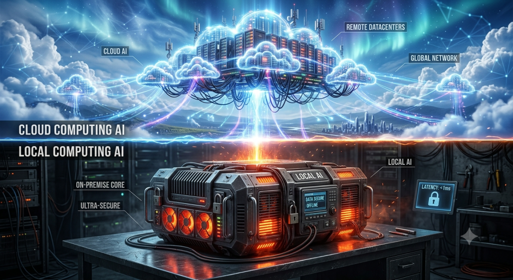 Conceptual split screen showing floating cloud servers versus a heavily armored local server box