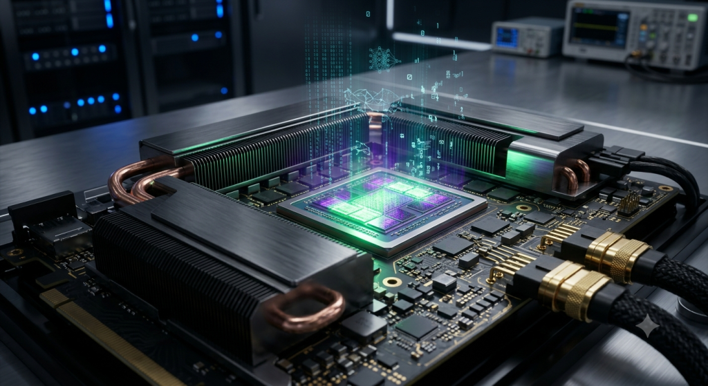 Futuristic graphics processing unit glowing with neon light and floating data streams