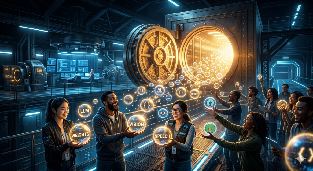 Glowing digital spheres floating freely out of an open high-tech vault to waiting developers