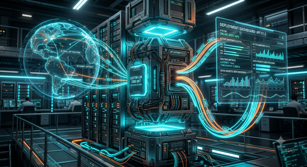Glowing server core connecting via optical cables to a holographic internet dashboard