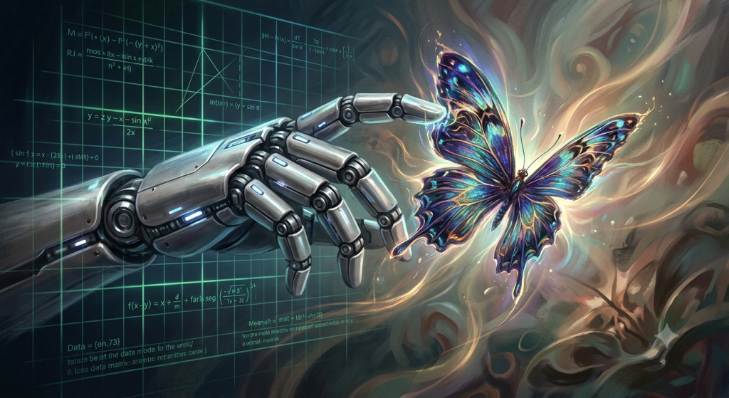 Advanced robotic hand failing to grasp a delicate, glowing organic butterfly