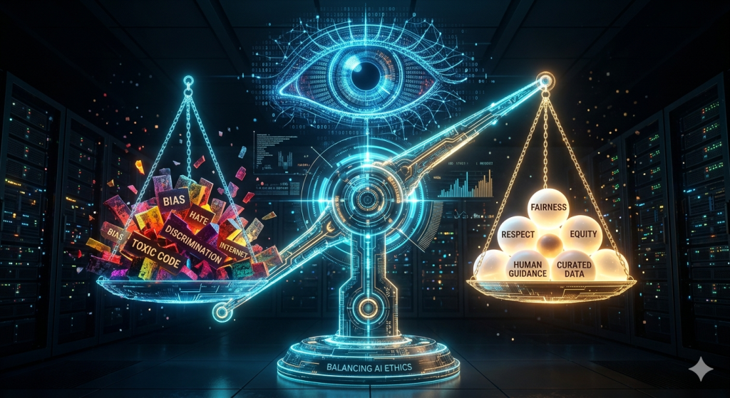 Futuristic scales balancing chaotic raw data blocks against smooth, refined ethical feedback spheres