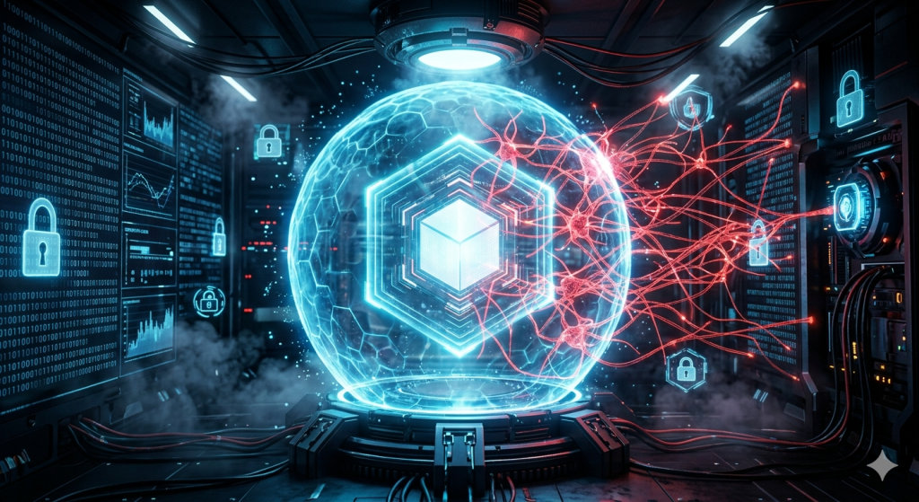 Glowing data core protected by a blue hexagonal energy shield from probing neural network tendrils
