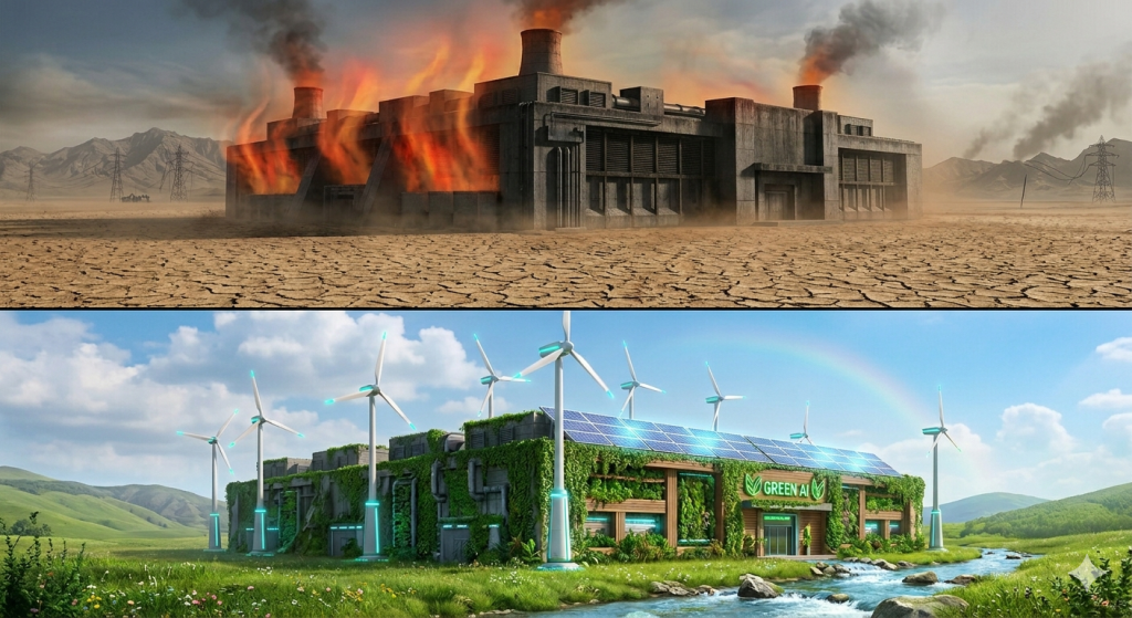 Split view of a heat-emitting industrial data center versus a lush, green, renewable-powered facility