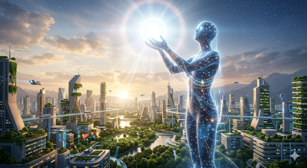 Ethereal digital figure holding a blinding sphere of light over a utopian futuristic city